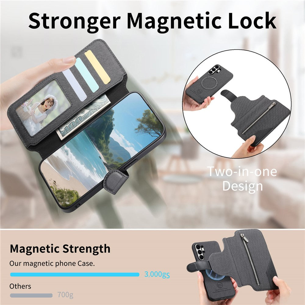 For Samsung Galaxy S25 Ultra Magnetic Case RFID Blocking Detachable Wallet Stand Cloth Texture Leather Phone Cover