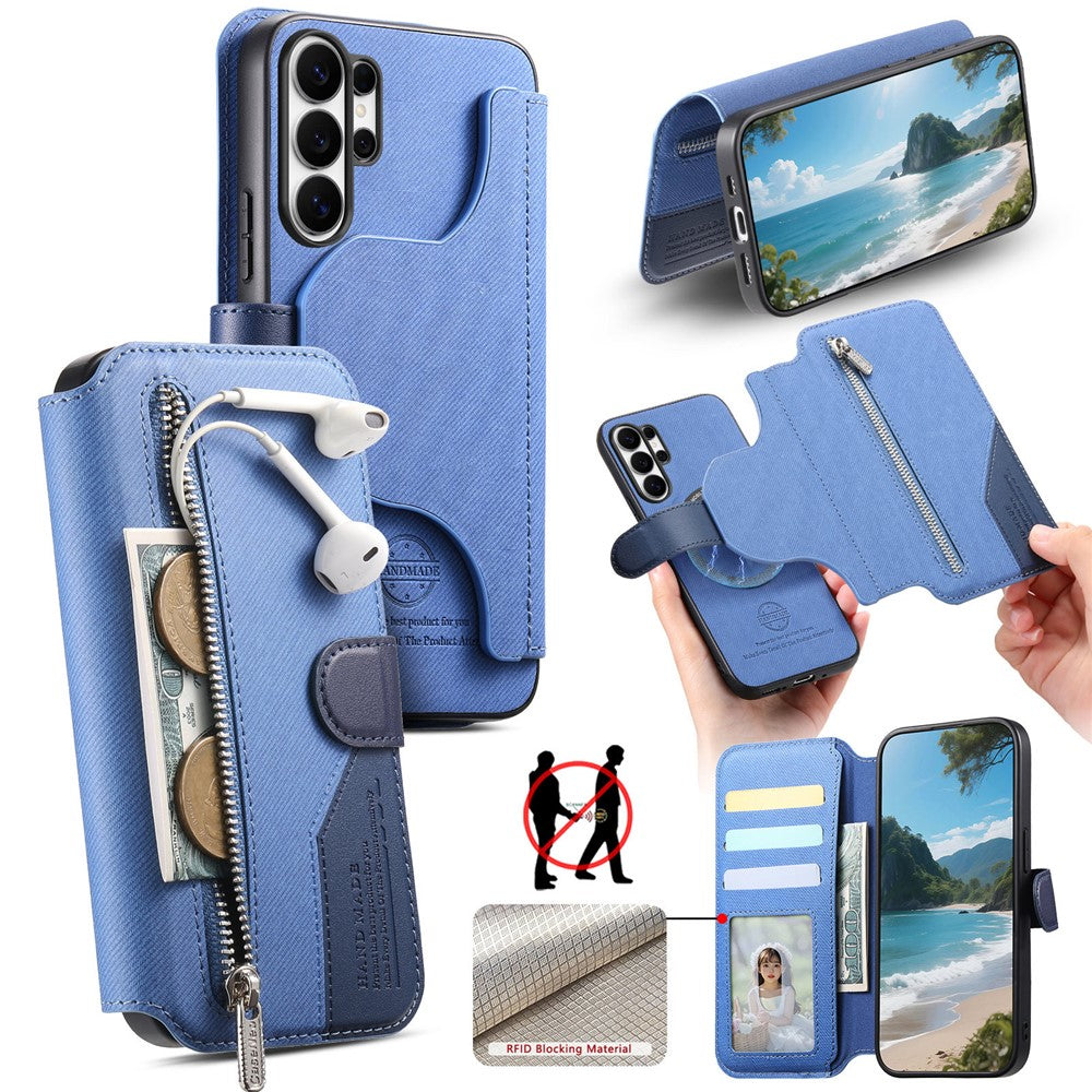 For Samsung Galaxy S25 Ultra Magnetic Case RFID Blocking Detachable Wallet Stand Cloth Texture Leather Phone Cover