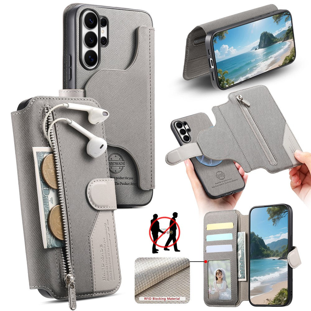 For Samsung Galaxy S25 Ultra Magnetic Case RFID Blocking Detachable Wallet Stand Cloth Texture Leather Phone Cover