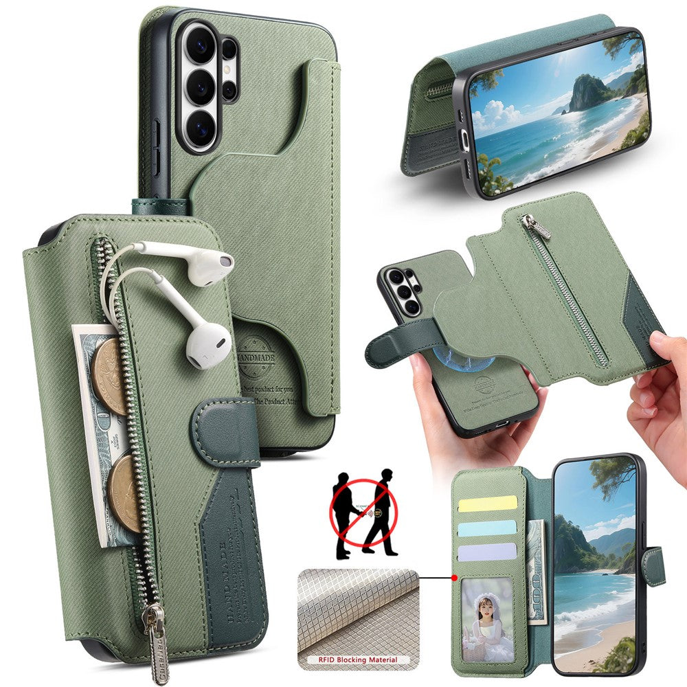 For Samsung Galaxy S25 Ultra Magnetic Case RFID Blocking Detachable Wallet Stand Cloth Texture Leather Phone Cover