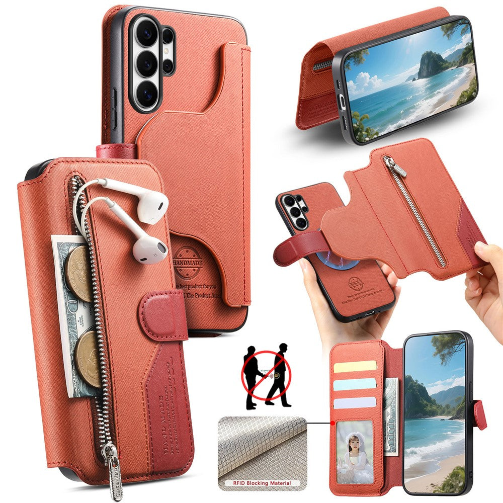 For Samsung Galaxy S25 Ultra Magnetic Case RFID Blocking Detachable Wallet Stand Cloth Texture Leather Phone Cover