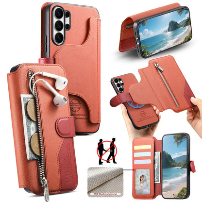 For Samsung Galaxy S25 Ultra Magnetic Case RFID Blocking Detachable Wallet Stand Cloth Texture Leather Phone Cover