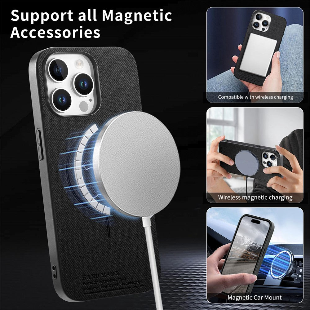 For iPhone 16 Pro Max Magnetic Case Cloth Texture PC + TPU + PU Leather Anti-Scratch Phone Cover