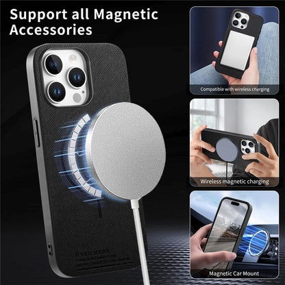 For iPhone 16 Pro Max Magnetic Case Cloth Texture PC + TPU + PU Leather Anti-Scratch Phone Cover