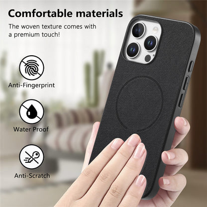 For iPhone 16 Pro Magnetic Case Cloth Texture PC + TPU + PU Leather Anti-Scratch Phone Cover