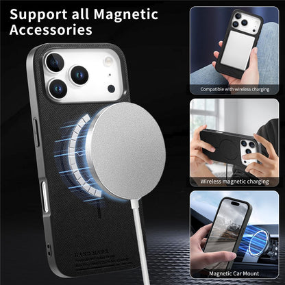 For iPhone 17 Pro Max Magnetic Case Cloth Texture PC + TPU + PU Leather Anti-Scratch Phone Cover