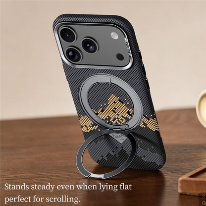 SULADA for iPhone 17 Pro Max Magnetic Case 360° Rotating Ring Kickstand Golden Mountain Pattern PC Slim Phone Cover
