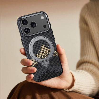 SULADA for iPhone 17 Pro Max Magnetic Case 360° Rotating Ring Kickstand Golden Mountain Pattern PC Slim Phone Cover