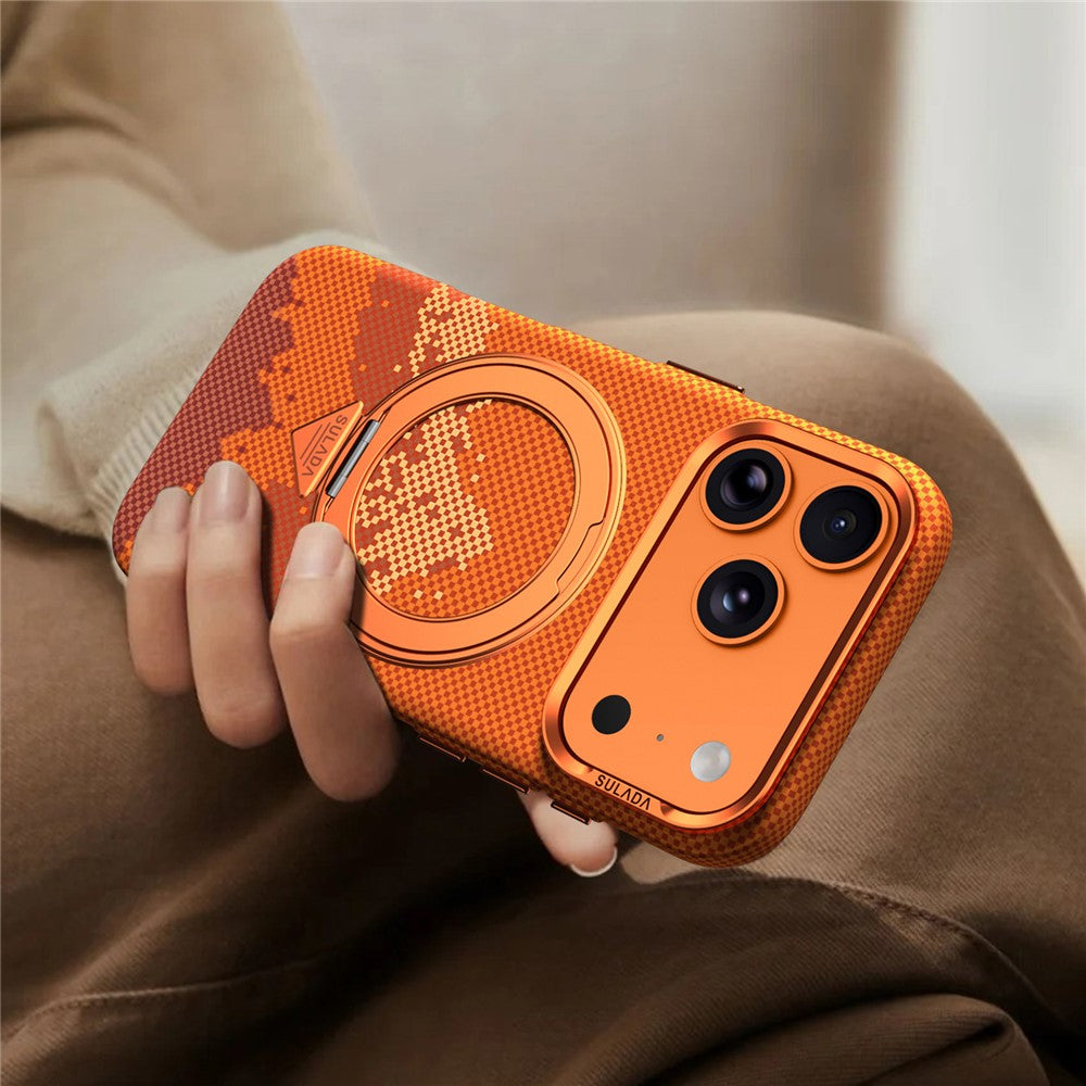 SULADA for iPhone 17 Pro Max Magnetic Case 360° Rotating Ring Kickstand Golden Mountain Pattern PC Slim Phone Cover