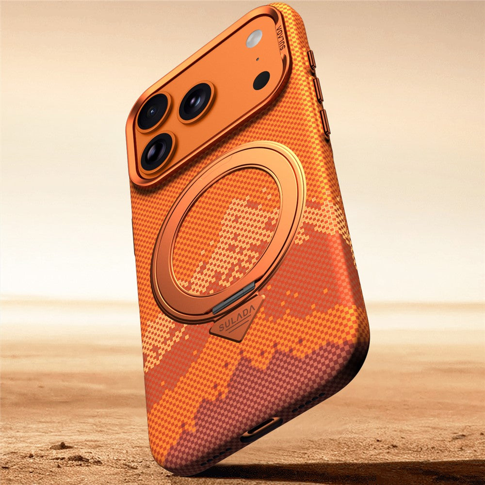 SULADA for iPhone 17 Pro Max Magnetic Case 360° Rotating Ring Kickstand Golden Mountain Pattern PC Slim Phone Cover