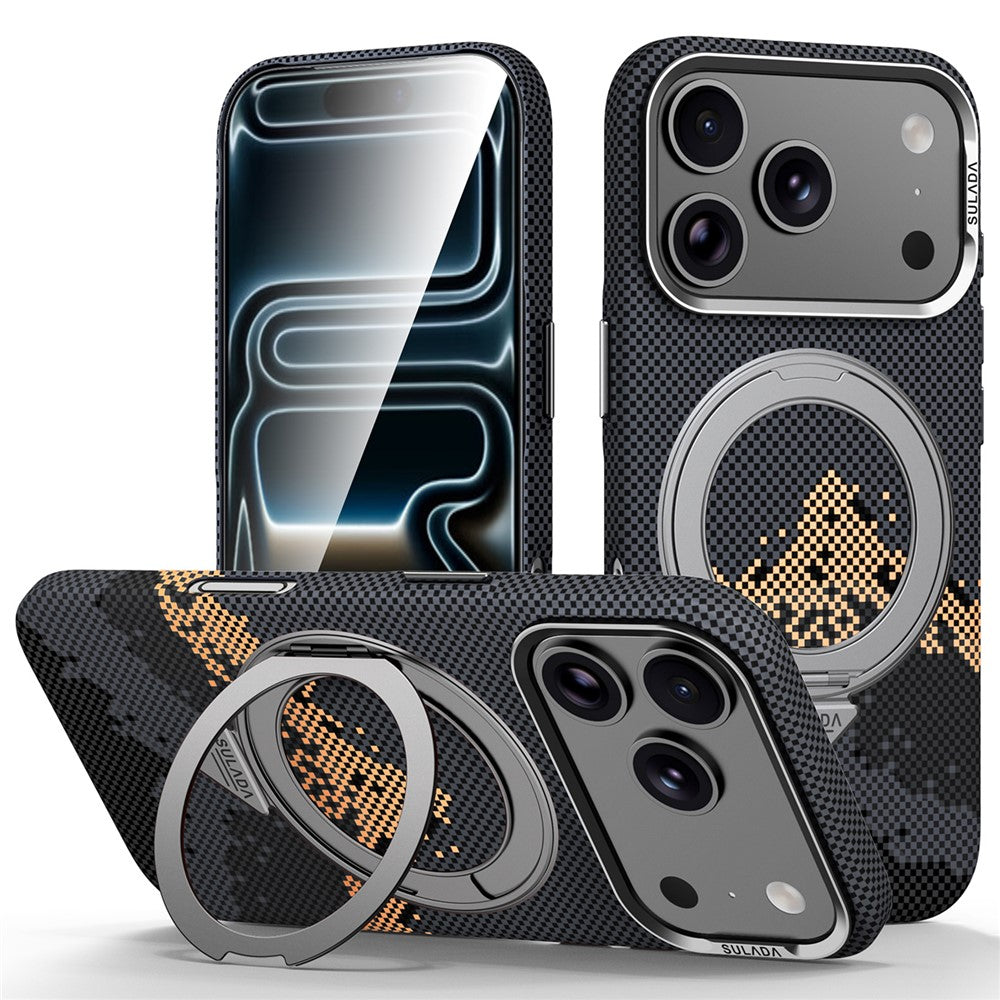 SULADA for iPhone 17 Pro Max Magnetic Case 360° Rotating Ring Kickstand Golden Mountain Pattern PC Slim Phone Cover