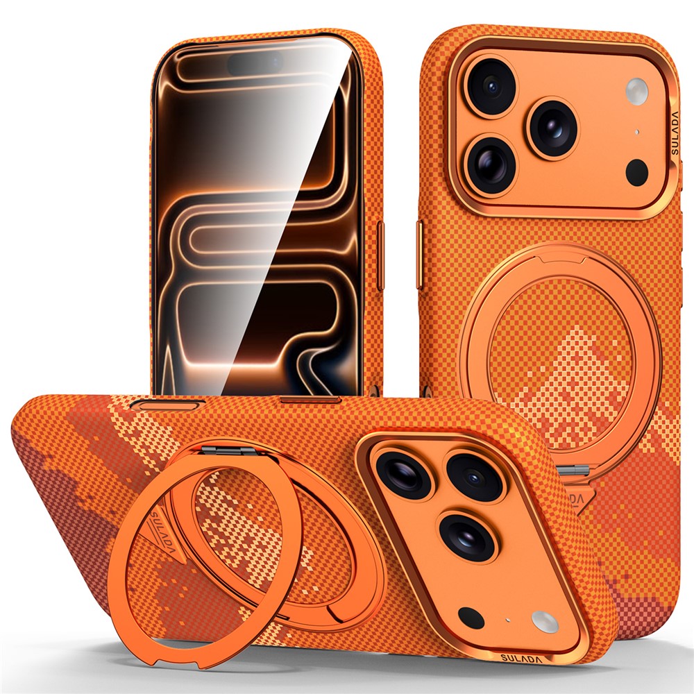 SULADA for iPhone 17 Pro Magnetic Case 360° Rotating Ring Kickstand Golden Mountain Pattern PC Slim Phone Cover