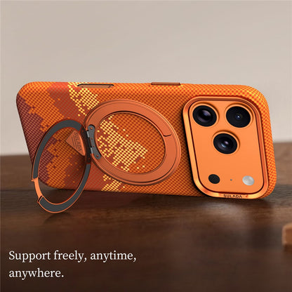 SULADA for iPhone 17 Pro Magnetic Case 360° Rotating Ring Kickstand Golden Mountain Pattern PC Slim Phone Cover