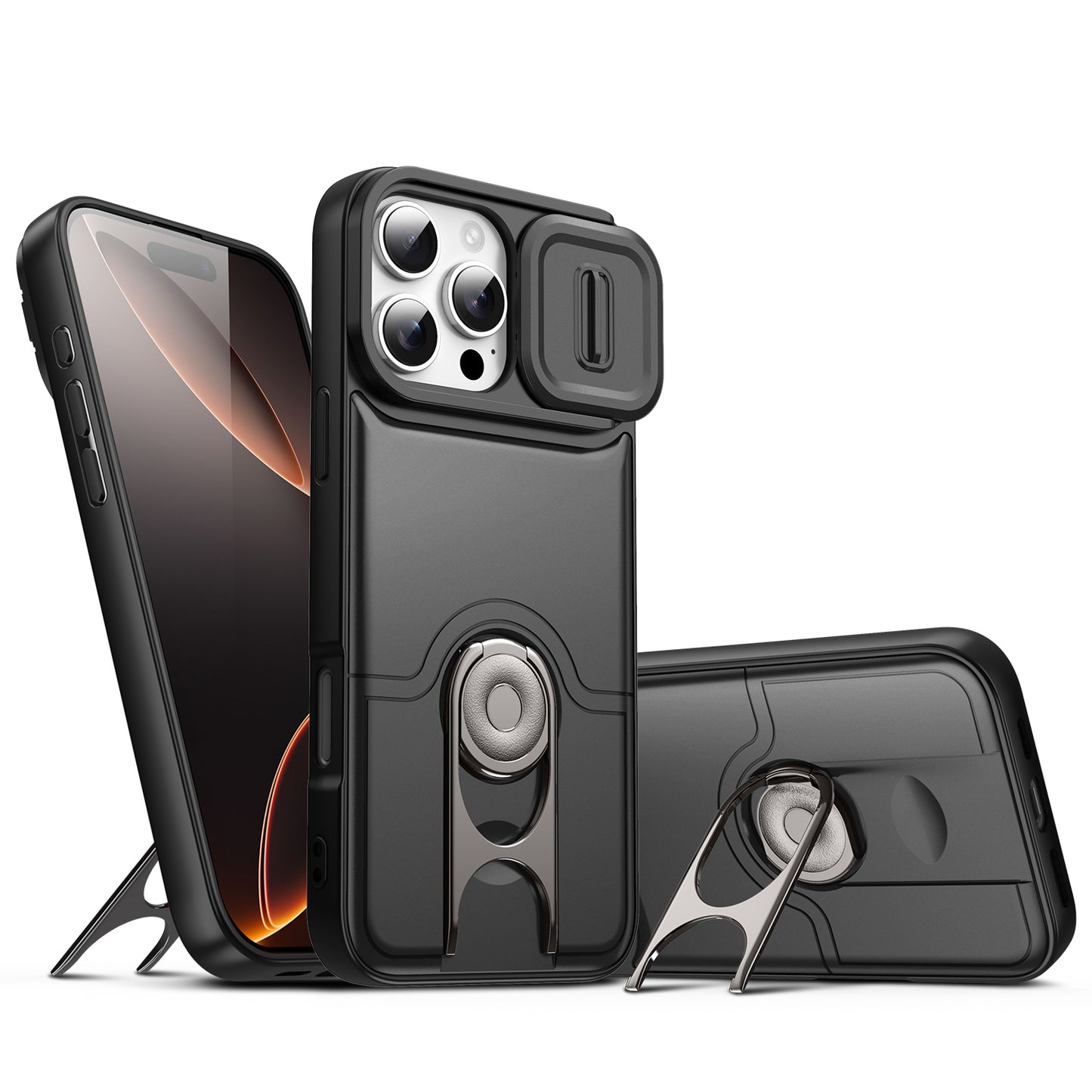 For iPhone 16 Pro Max Case with Slide Camera Cover Kickstand PC + TPU Protective Phone Shell
