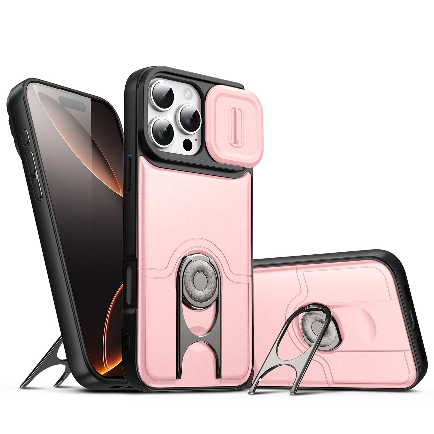 For iPhone 16 Pro Max Case with Slide Camera Cover Kickstand PC + TPU Protective Phone Shell