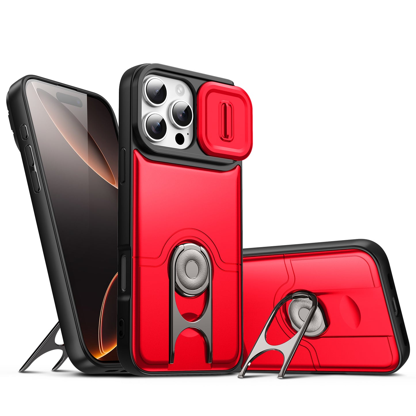 For iPhone 16 Pro Max Case with Slide Camera Cover Kickstand PC + TPU Protective Phone Shell