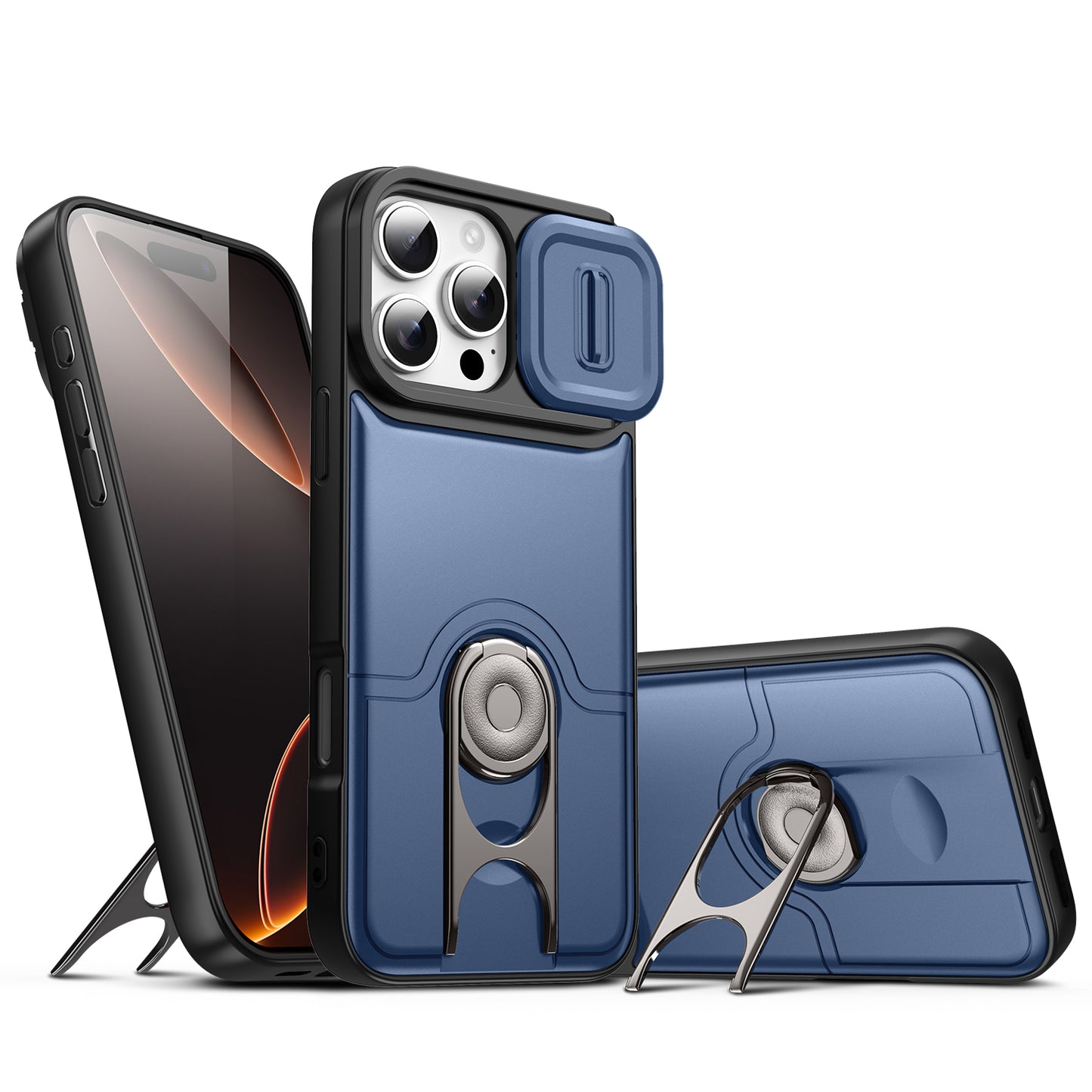 For iPhone 16 Pro Case with Slide Camera Cover Kickstand PC + TPU Protective Phone Shell
