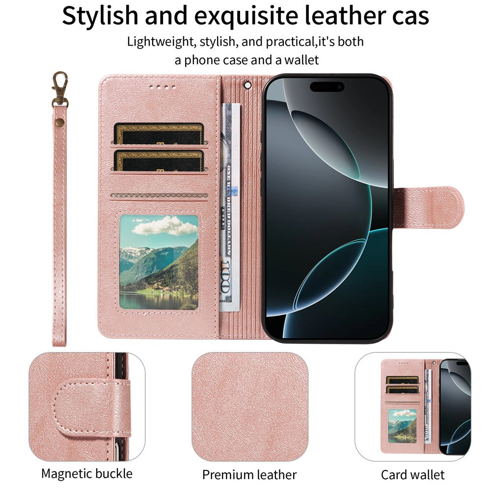 For iPhone 16 Pro Case with Wrist Strap RFID Blocking Wallet Cowhide Texture Leather Phone Cover