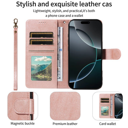 For iPhone 16 Pro Case with Wrist Strap RFID Blocking Wallet Cowhide Texture Leather Phone Cover