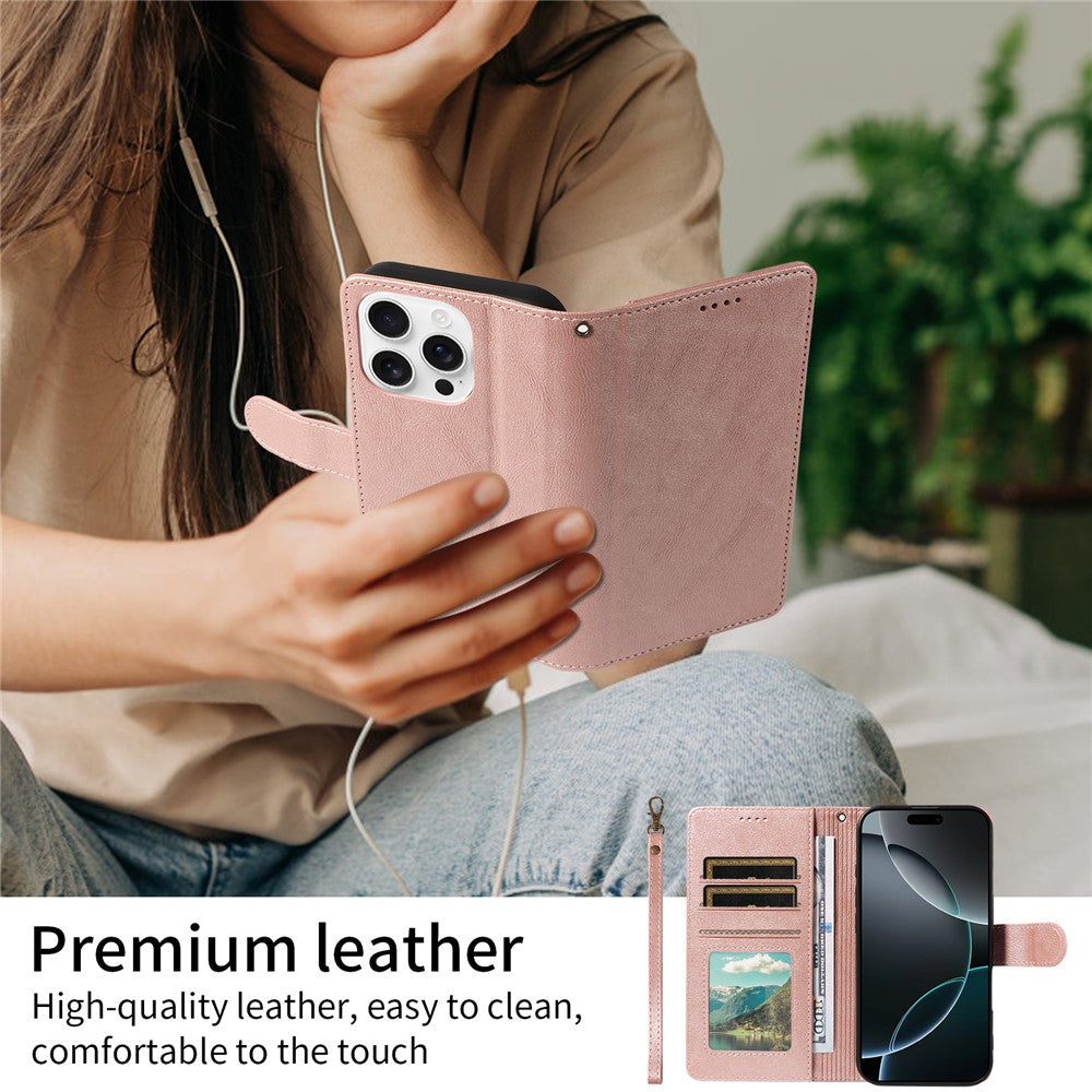 For iPhone 16 Pro Case with Wrist Strap RFID Blocking Wallet Cowhide Texture Leather Phone Cover