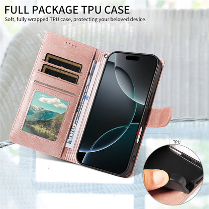 For iPhone 16 Pro Case with Wrist Strap RFID Blocking Wallet Cowhide Texture Leather Phone Cover
