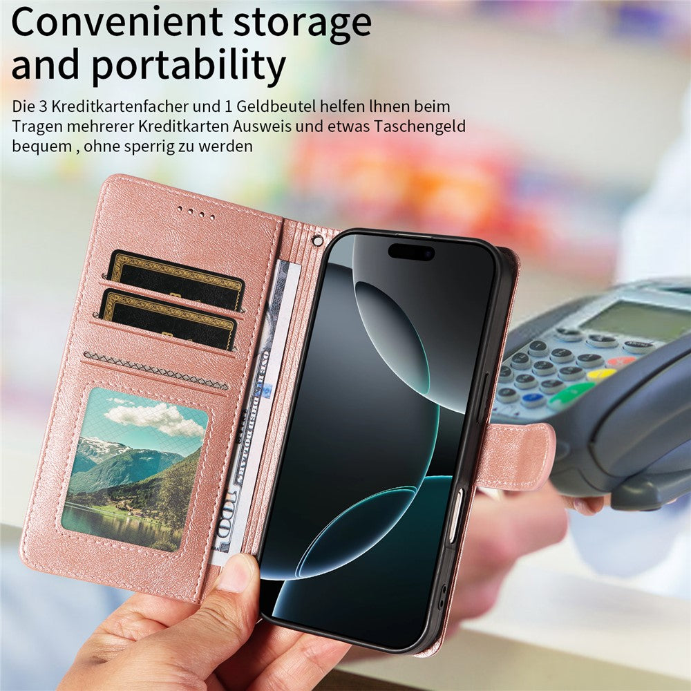 For iPhone 16 Pro Case with Wrist Strap RFID Blocking Wallet Cowhide Texture Leather Phone Cover
