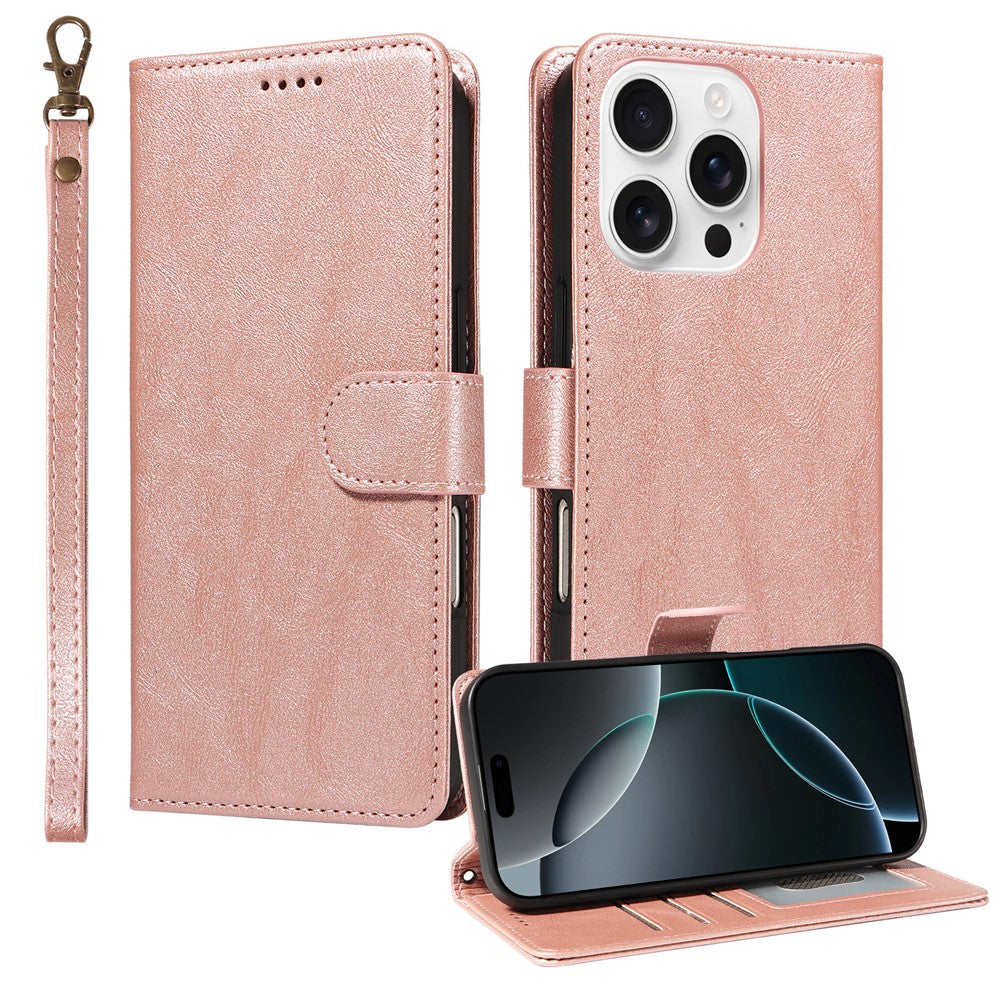 For iPhone 16 Pro Case with Wrist Strap RFID Blocking Wallet Cowhide Texture Leather Phone Cover