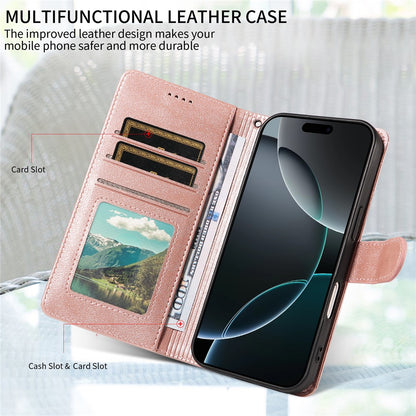 For iPhone 16 Pro Case with Wrist Strap RFID Blocking Wallet Cowhide Texture Leather Phone Cover