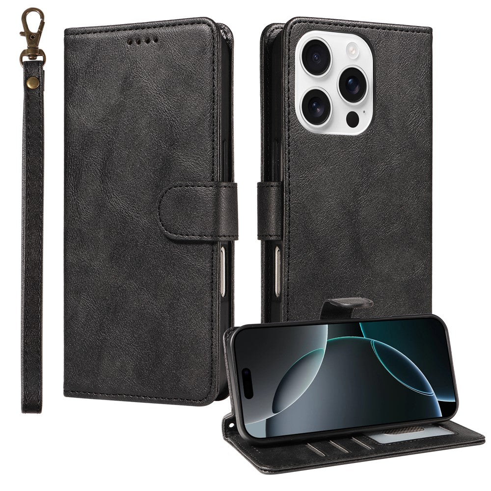 For iPhone 16 Pro Case with Wrist Strap RFID Blocking Wallet Cowhide Texture Leather Phone Cover