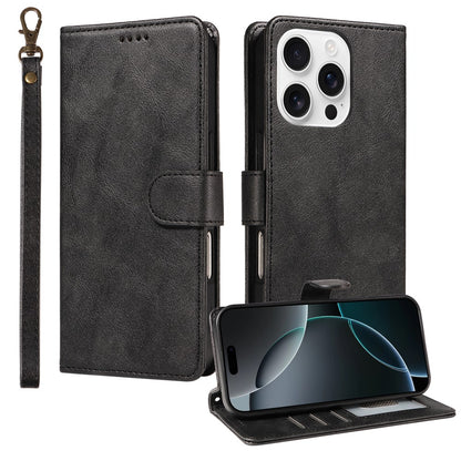 For iPhone 16 Pro Case with Wrist Strap RFID Blocking Wallet Cowhide Texture Leather Phone Cover
