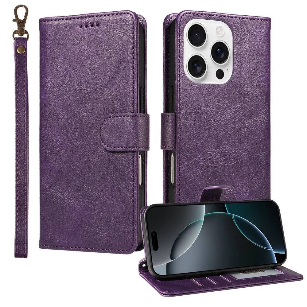For iPhone 16 Pro Case with Wrist Strap RFID Blocking Wallet Cowhide Texture Leather Phone Cover
