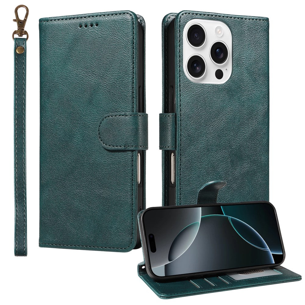 For iPhone 16 Pro Case with Wrist Strap RFID Blocking Wallet Cowhide Texture Leather Phone Cover