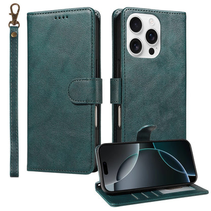 For iPhone 16 Pro Case with Wrist Strap RFID Blocking Wallet Cowhide Texture Leather Phone Cover