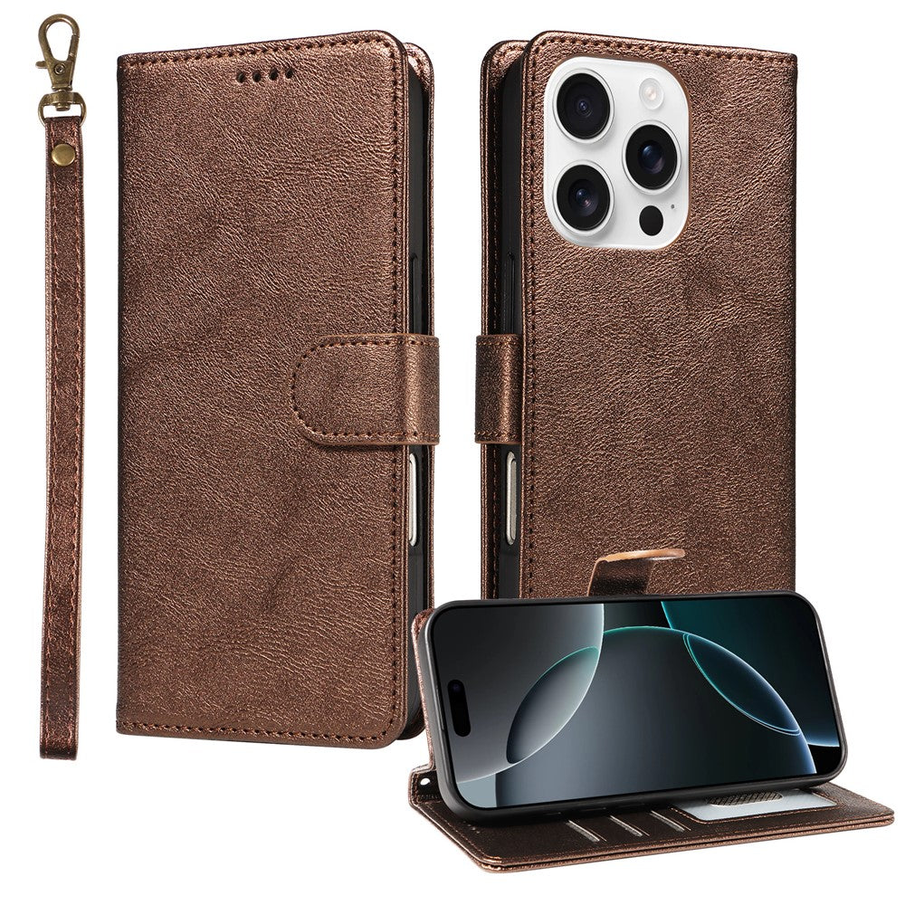 For iPhone 16 Pro Case with Wrist Strap RFID Blocking Wallet Cowhide Texture Leather Phone Cover