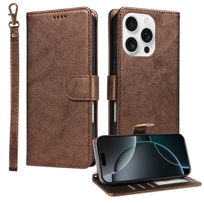 For iPhone 16 Pro Case with Wrist Strap RFID Blocking Wallet Cowhide Texture Leather Phone Cover