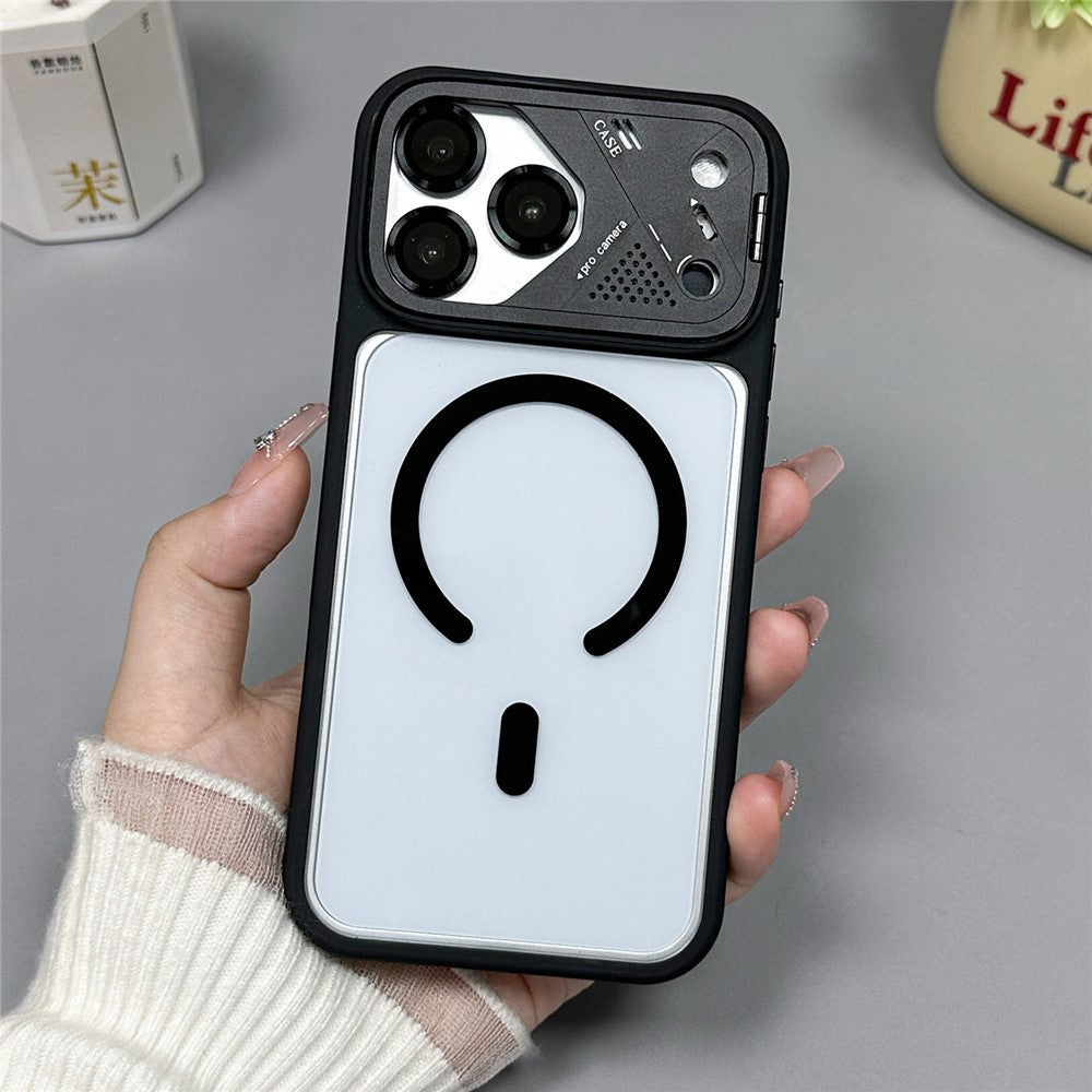 For iPhone 17 Pro Magnetic Case Kickstand PC + TPU Anti-Scratch Clear Phone Back Cover