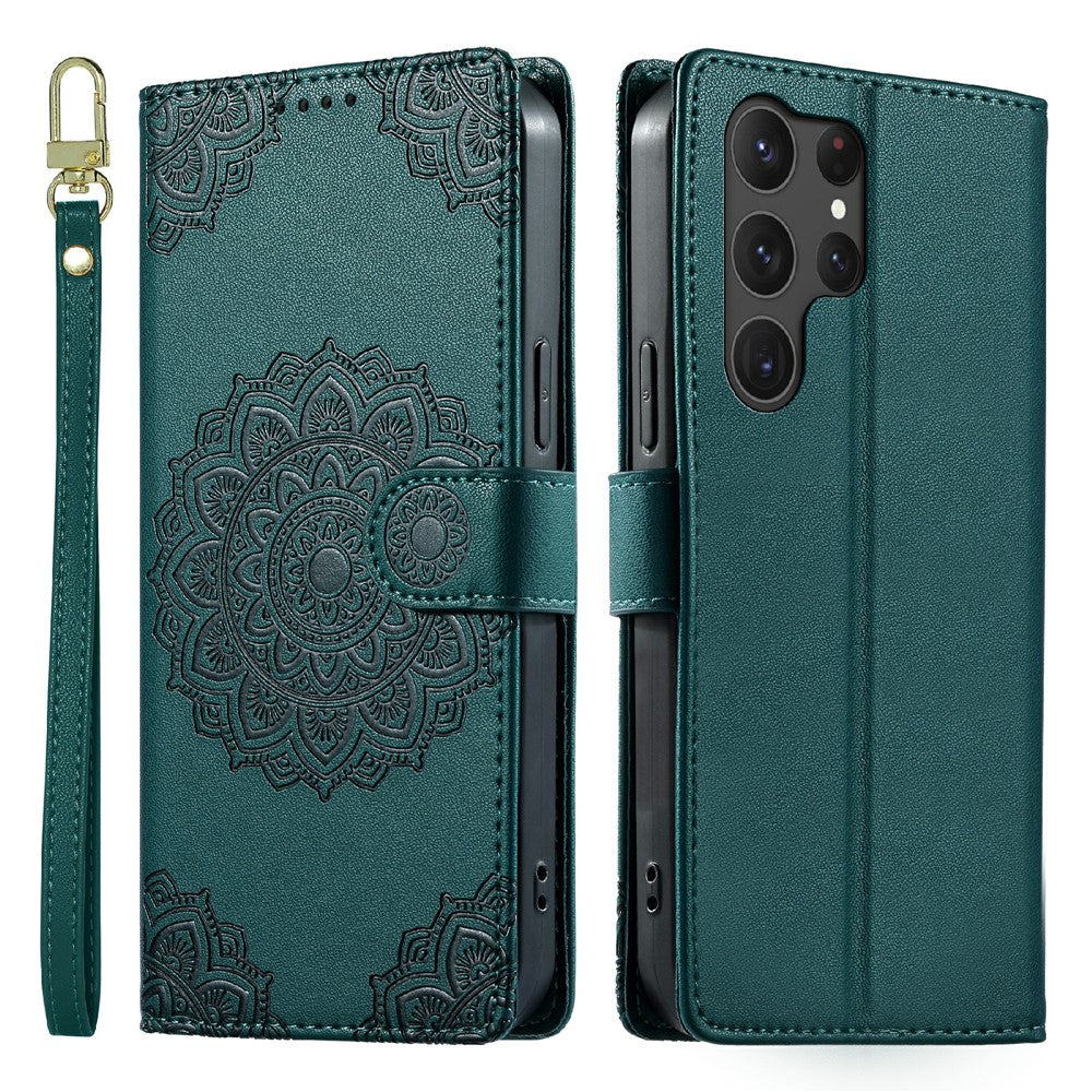 For Samsung Galaxy S25 Ultra Case Embossed Totem Leather Flip Wallet Phone Cover with Wrist Strap