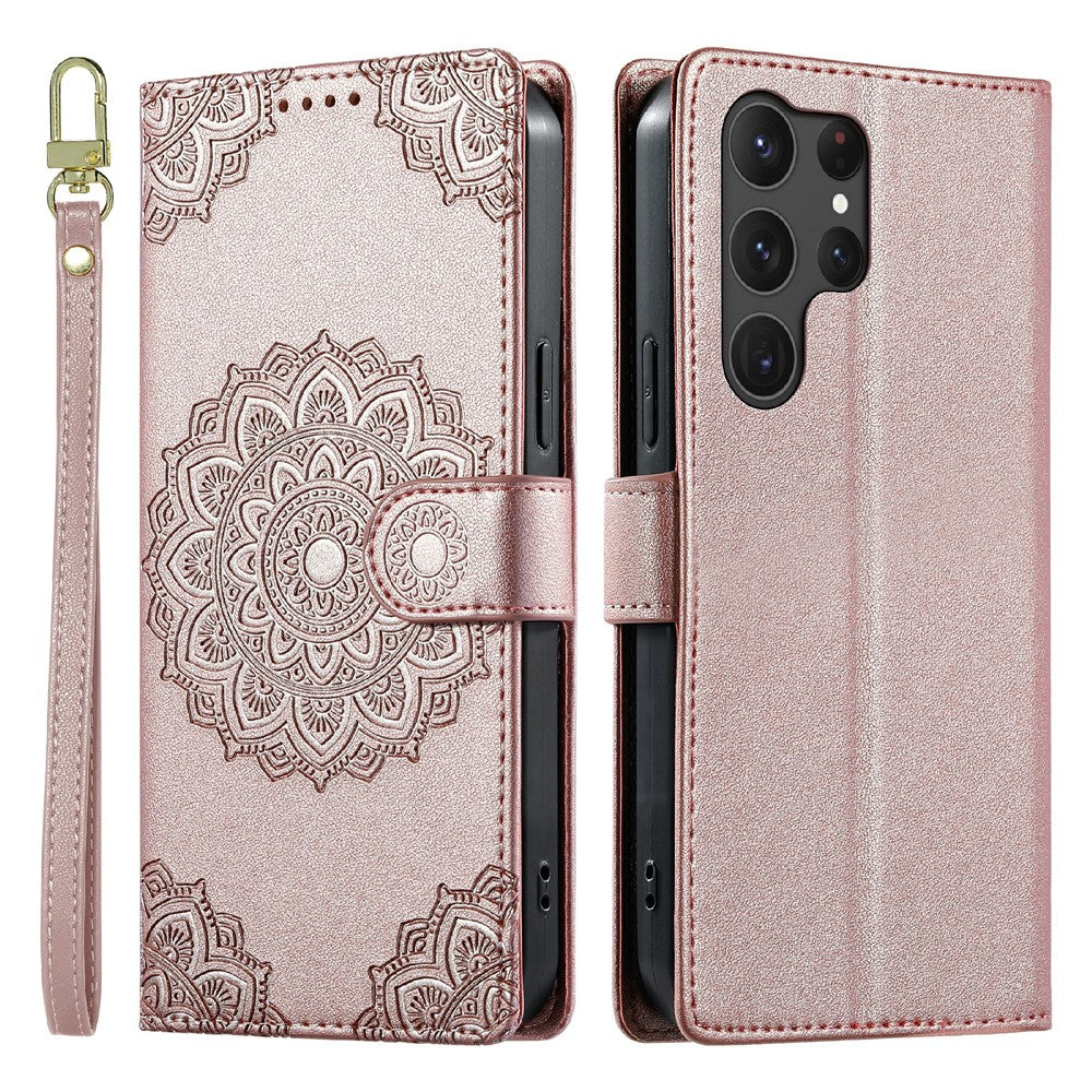 For Samsung Galaxy S25 Ultra Case Embossed Totem Leather Flip Wallet Phone Cover with Wrist Strap