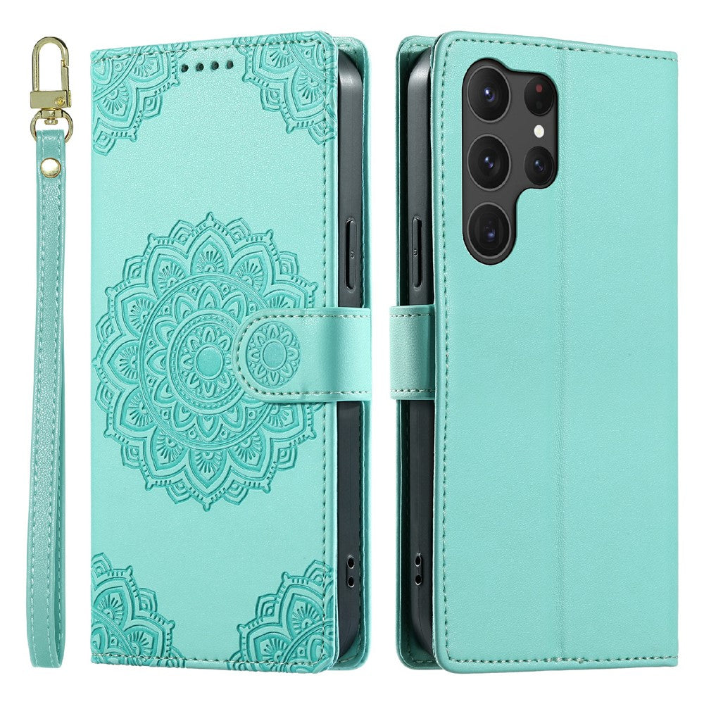 For Samsung Galaxy S25 Ultra Case Embossed Totem Leather Flip Wallet Phone Cover with Wrist Strap