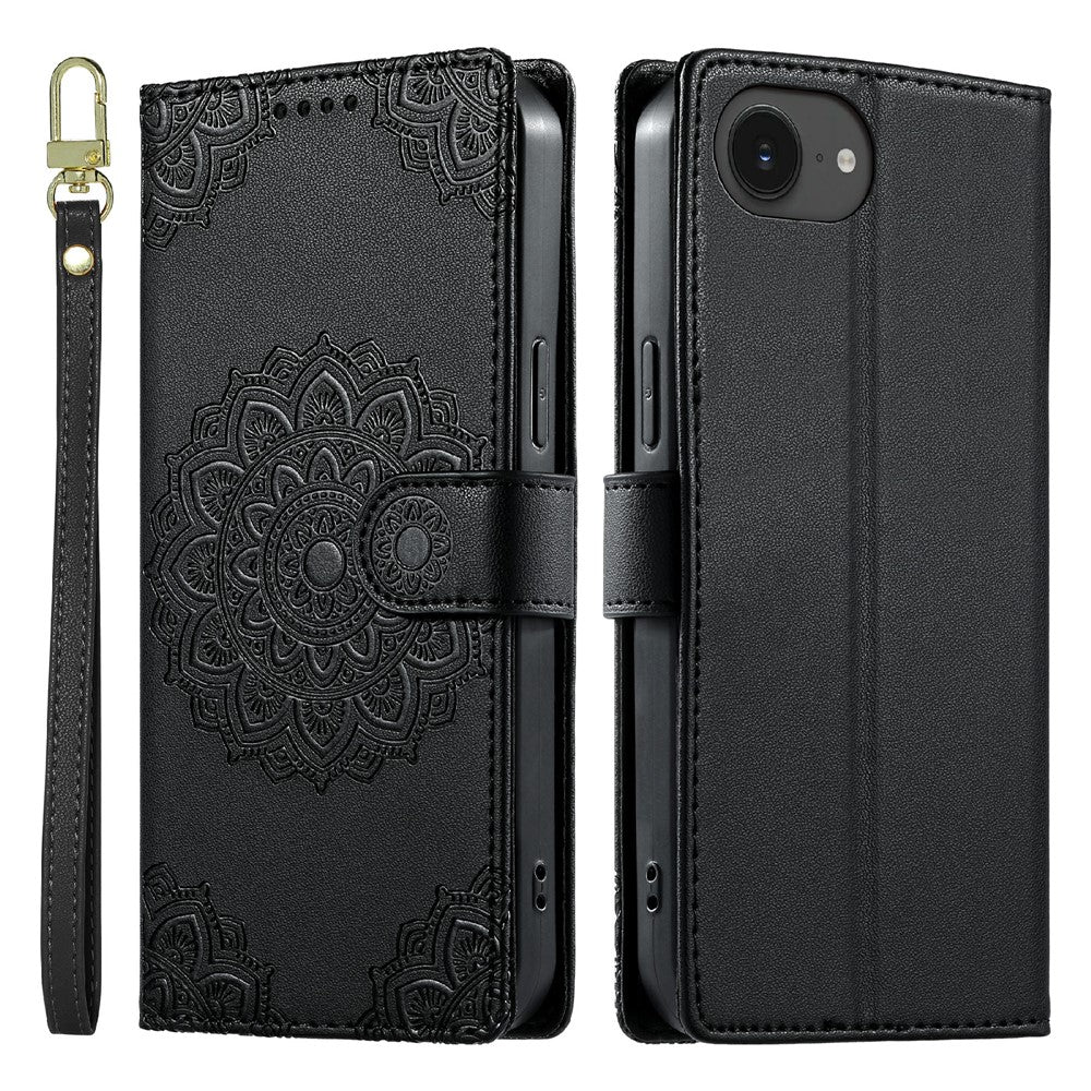 For iPhone 17e  /  16e Case Embossed Totem Leather Flip Wallet Phone Cover with Wrist Strap