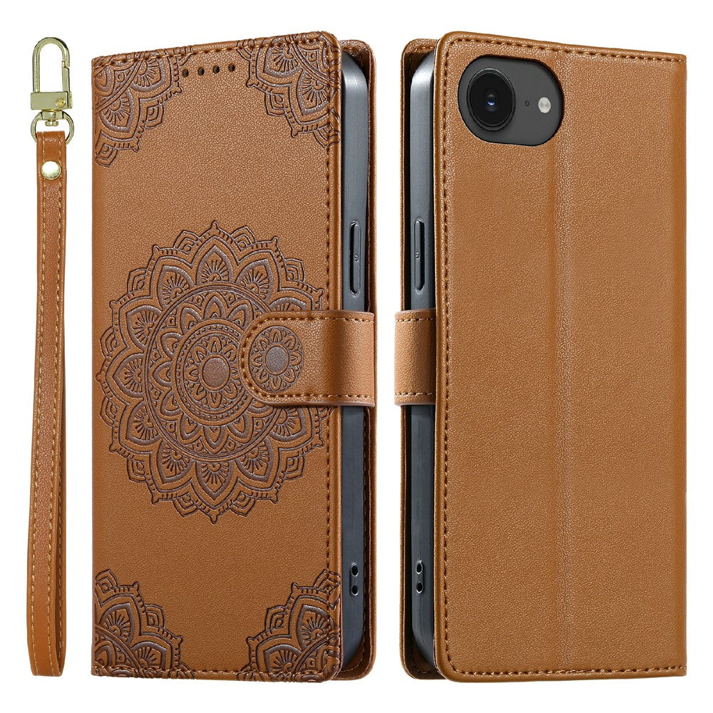 For iPhone 17e  /  16e Case Embossed Totem Leather Flip Wallet Phone Cover with Wrist Strap