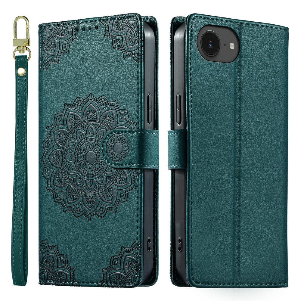 For iPhone 17e  /  16e Case Embossed Totem Leather Flip Wallet Phone Cover with Wrist Strap