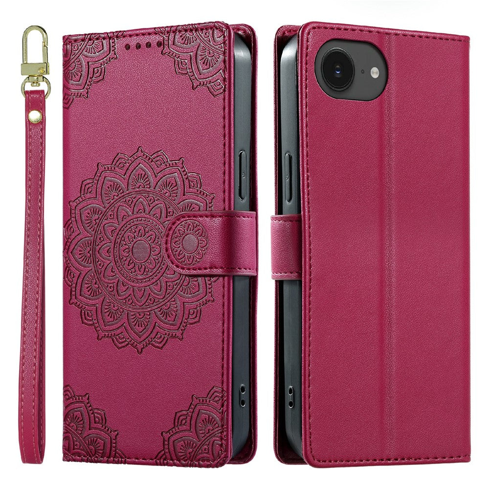 For iPhone 17e  /  16e Case Embossed Totem Leather Flip Wallet Phone Cover with Wrist Strap