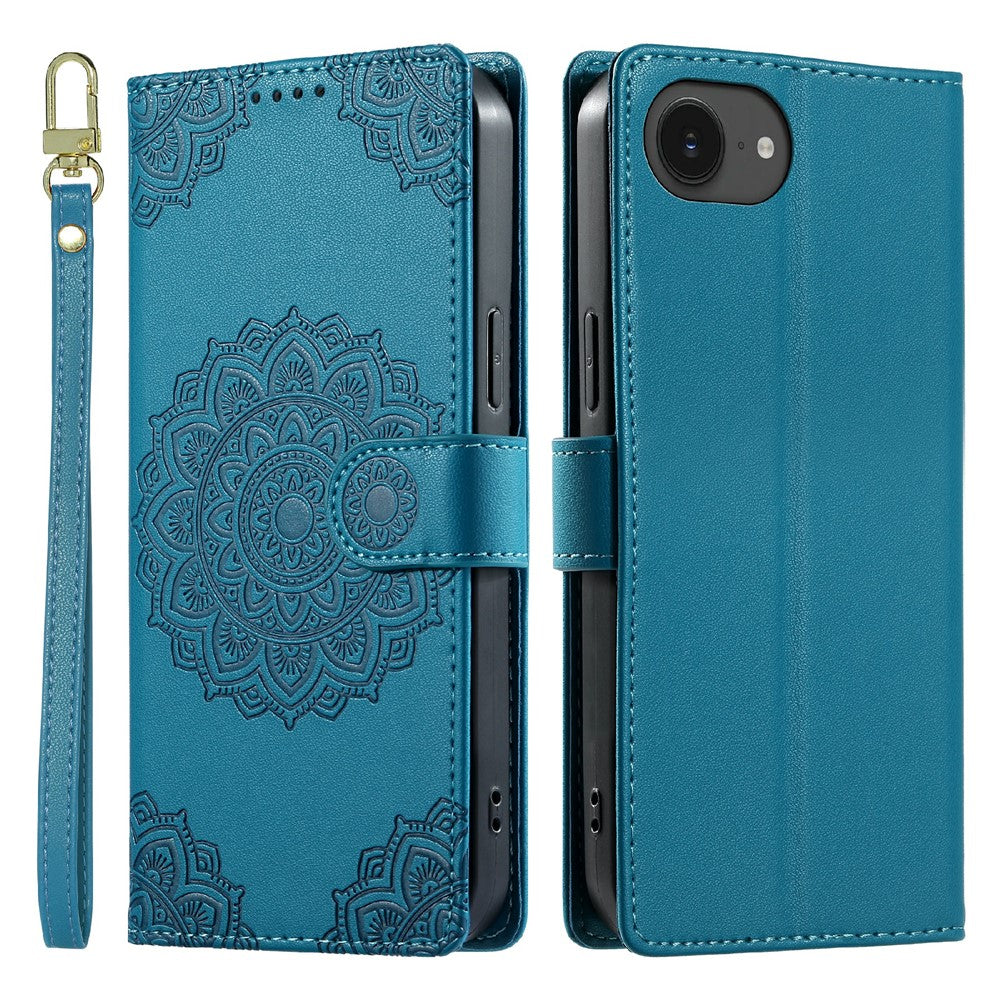 For iPhone 17e  /  16e Case Embossed Totem Leather Flip Wallet Phone Cover with Wrist Strap