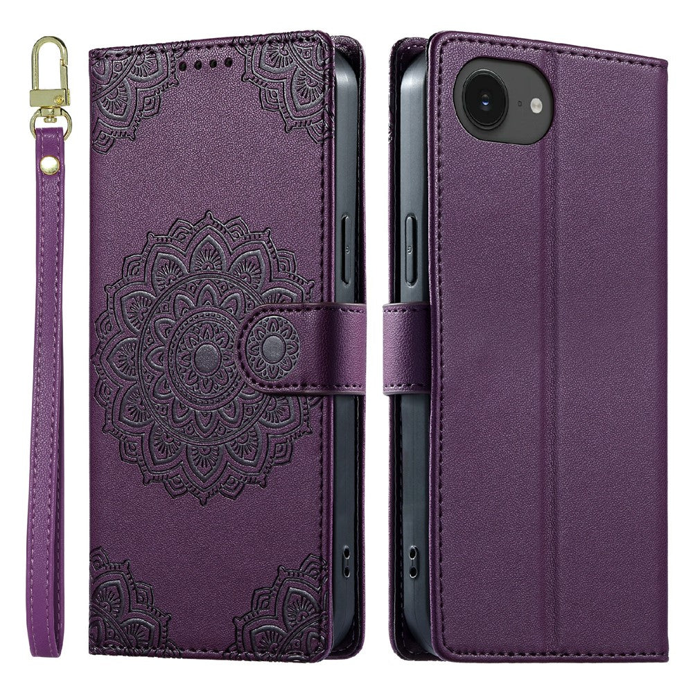For iPhone 17e  /  16e Case Embossed Totem Leather Flip Wallet Phone Cover with Wrist Strap