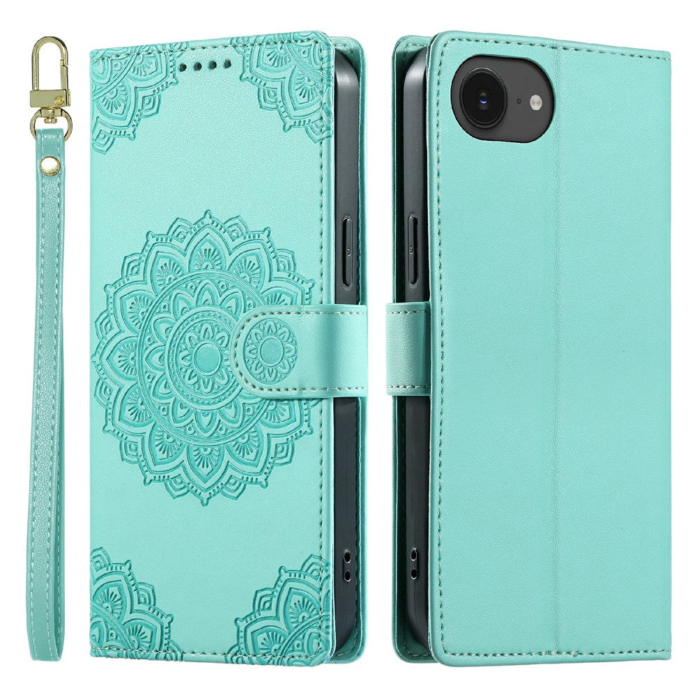 For iPhone 17e  /  16e Case Embossed Totem Leather Flip Wallet Phone Cover with Wrist Strap