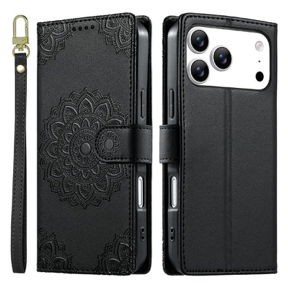 For iPhone 17 Pro Max Case Embossed Totem Leather Flip Wallet Phone Cover with Wrist Strap