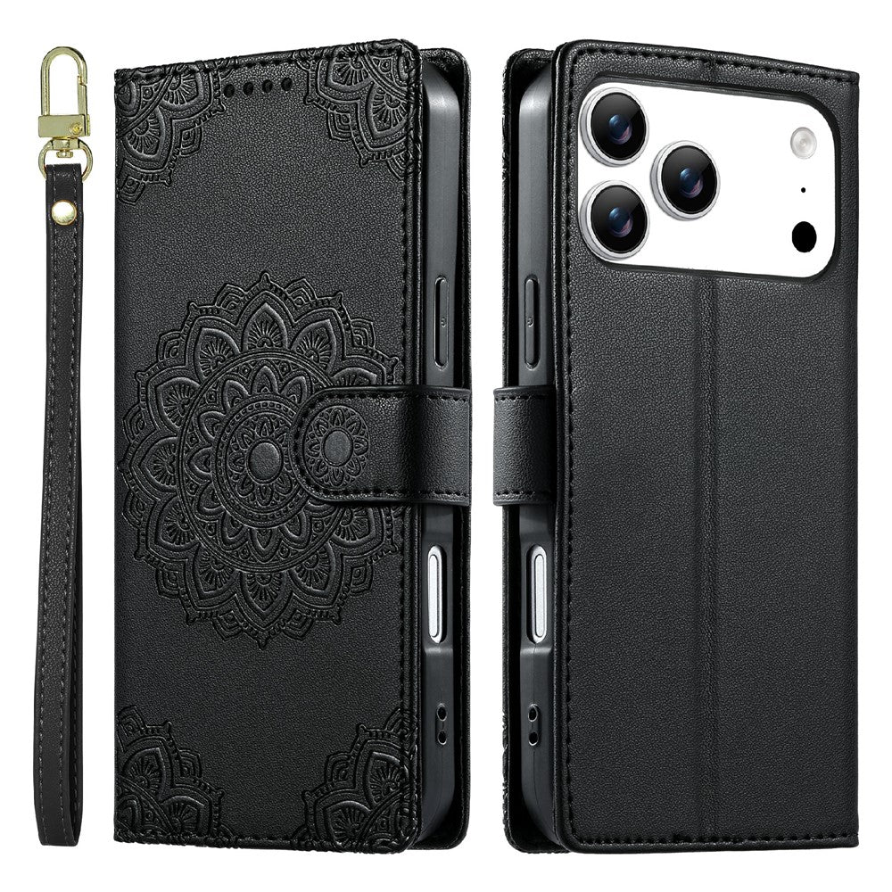 For iPhone 17 Pro Max Case Embossed Totem Leather Flip Wallet Phone Cover with Wrist Strap