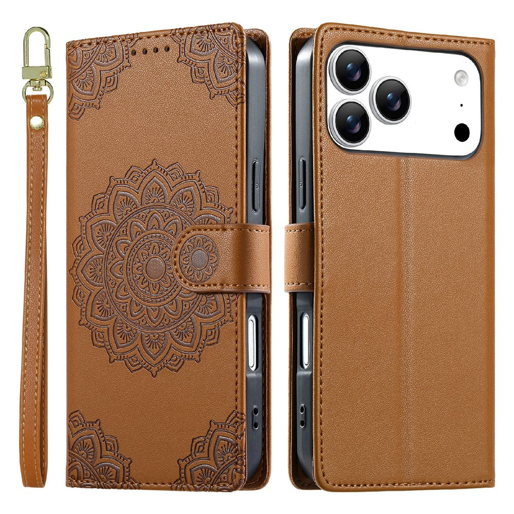 For iPhone 17 Pro Max Case Embossed Totem Leather Flip Wallet Phone Cover with Wrist Strap