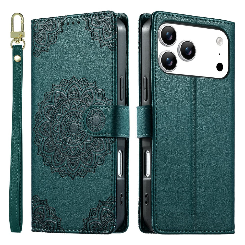 For iPhone 17 Pro Max Case Embossed Totem Leather Flip Wallet Phone Cover with Wrist Strap
